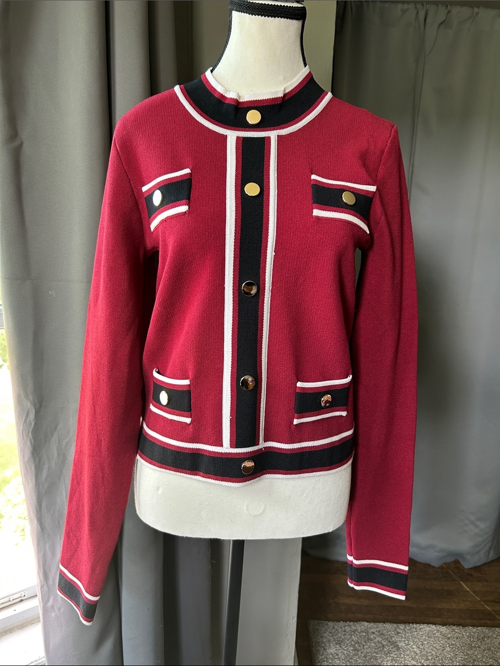 Alexia Admor Red Knit Button-Front Blazer with Black and White Trim